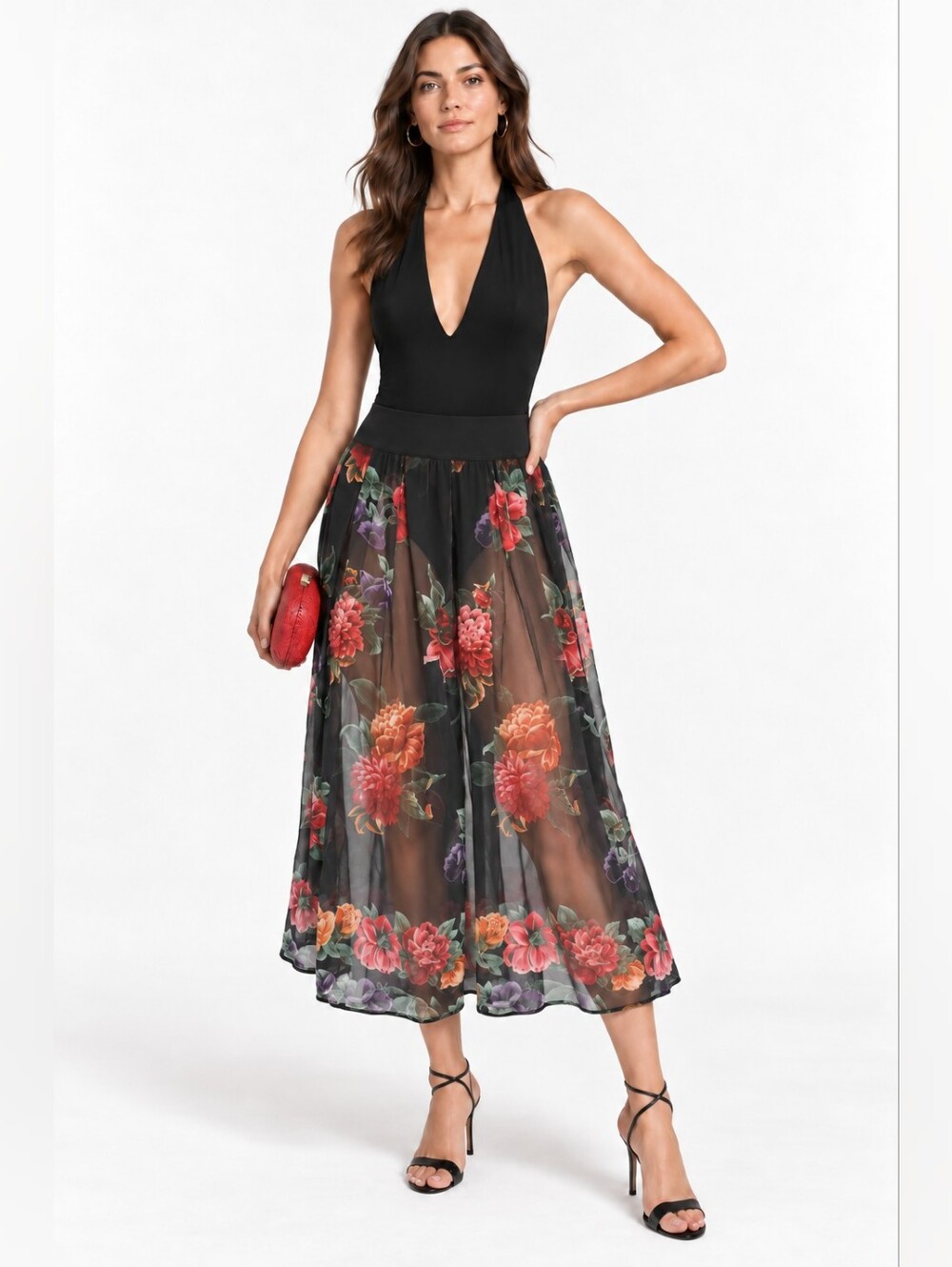 Sheer Floral Pleated Midi Skirt Romantic S